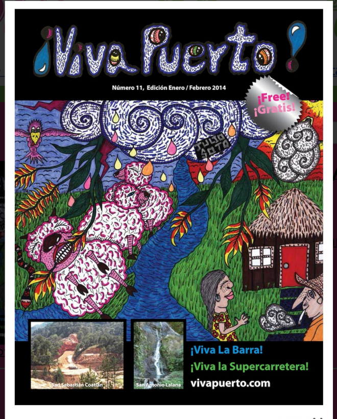 Cover art for Viva Puerto by Julio Soto, image dispalys whimsical drawing of pink sheep eating lobster claw flowers which grow out of psychedelic clouds, floating over the rio barra, and campesinos in front of their cabaña.