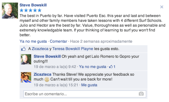 Five star facebook review of Zicazteca Surf School